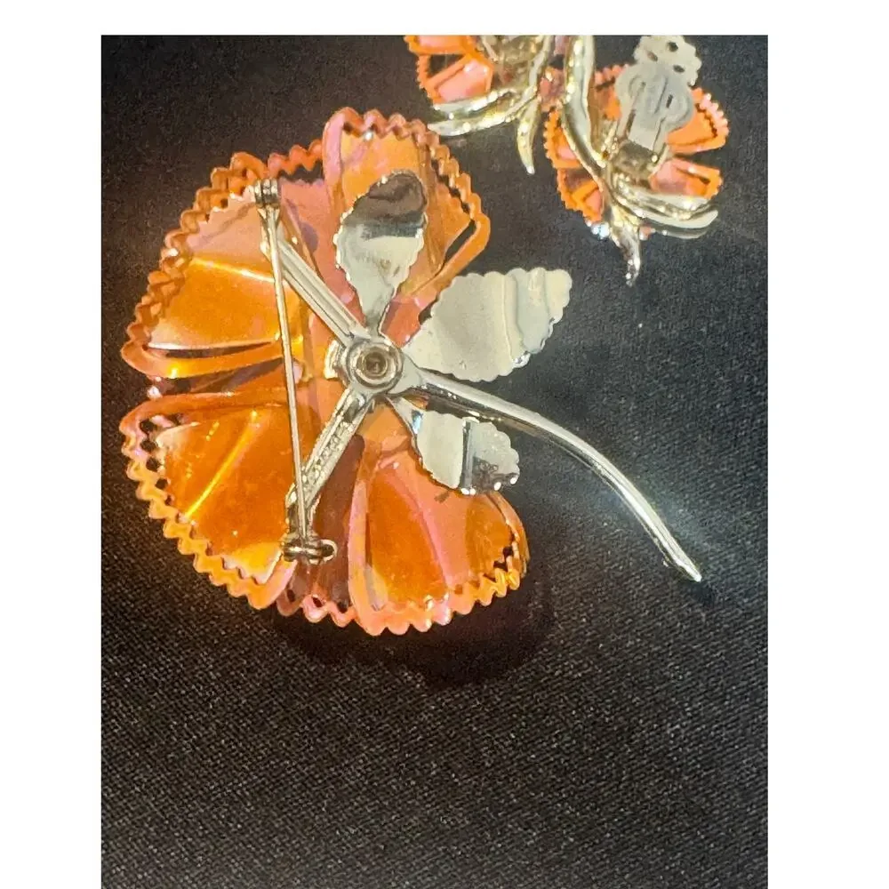 Vintage Pakula Orange Carnation Flower Brooch & Earrings set‎ 1960, MCM